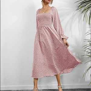 Baby Pink SHEIN Bell Sleeved Shirred Bodice Ditsy Floral Dress